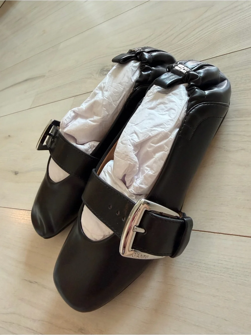 Ganni Black Ballerina Flats with Silver Buck sz 36